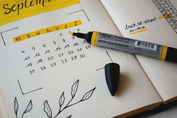 Picture of a handwritten homework calendar in a journal using black pen and a yellow highlighter