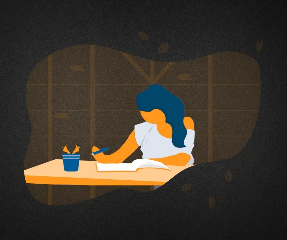 illustration of student studying at her desk with a black paper background