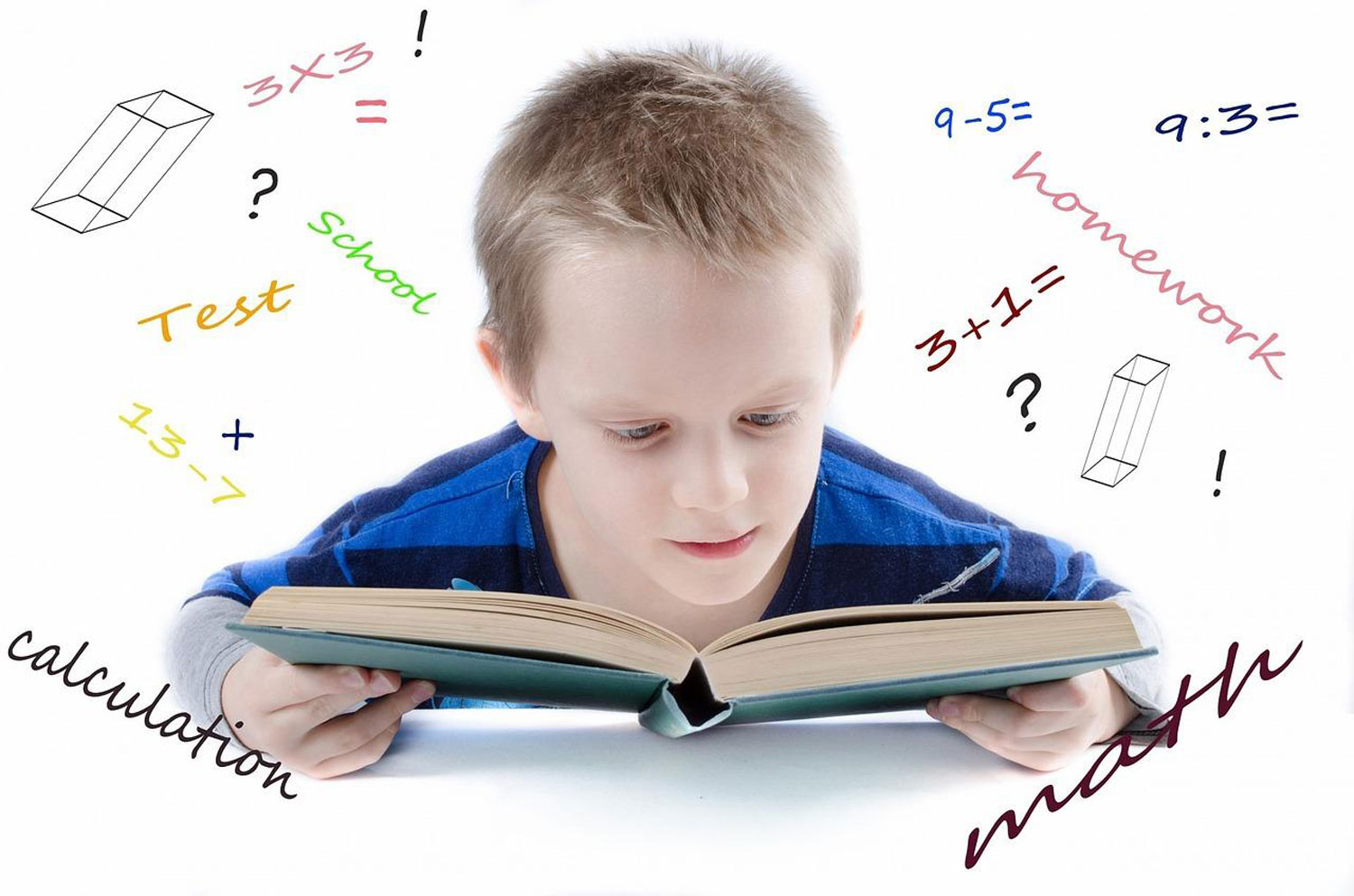 Child reading a book surrounded by math words and equations