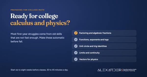 Checklist of skills to review before college math and physics: factoring and algebraic fractions, functions with exponents and logarithms, the unit circle and trig identities, limits and continuity, and vectors for physics.