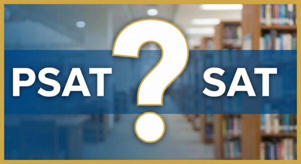 Graphic comparing PSAT and SAT with a question mark, asking if students can retake the PSAT or SAT.
