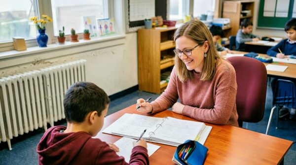 5th grade math classroom lesson with a teacher helping a student solve problems